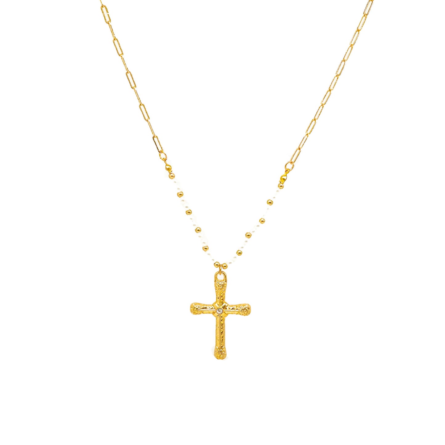 Teresa Cross Pearl Diamond Gold Necklace