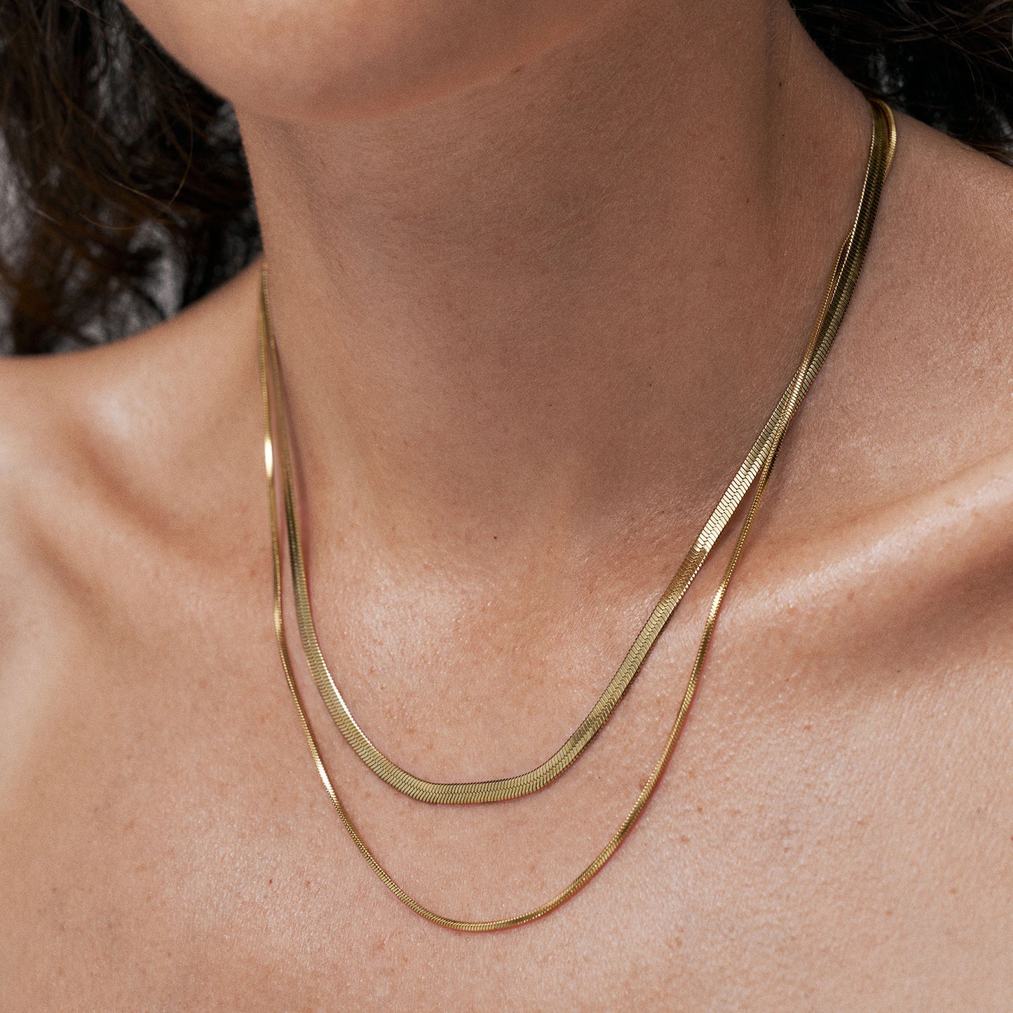 Layered Herringbone Snake Chain Gold Necklace