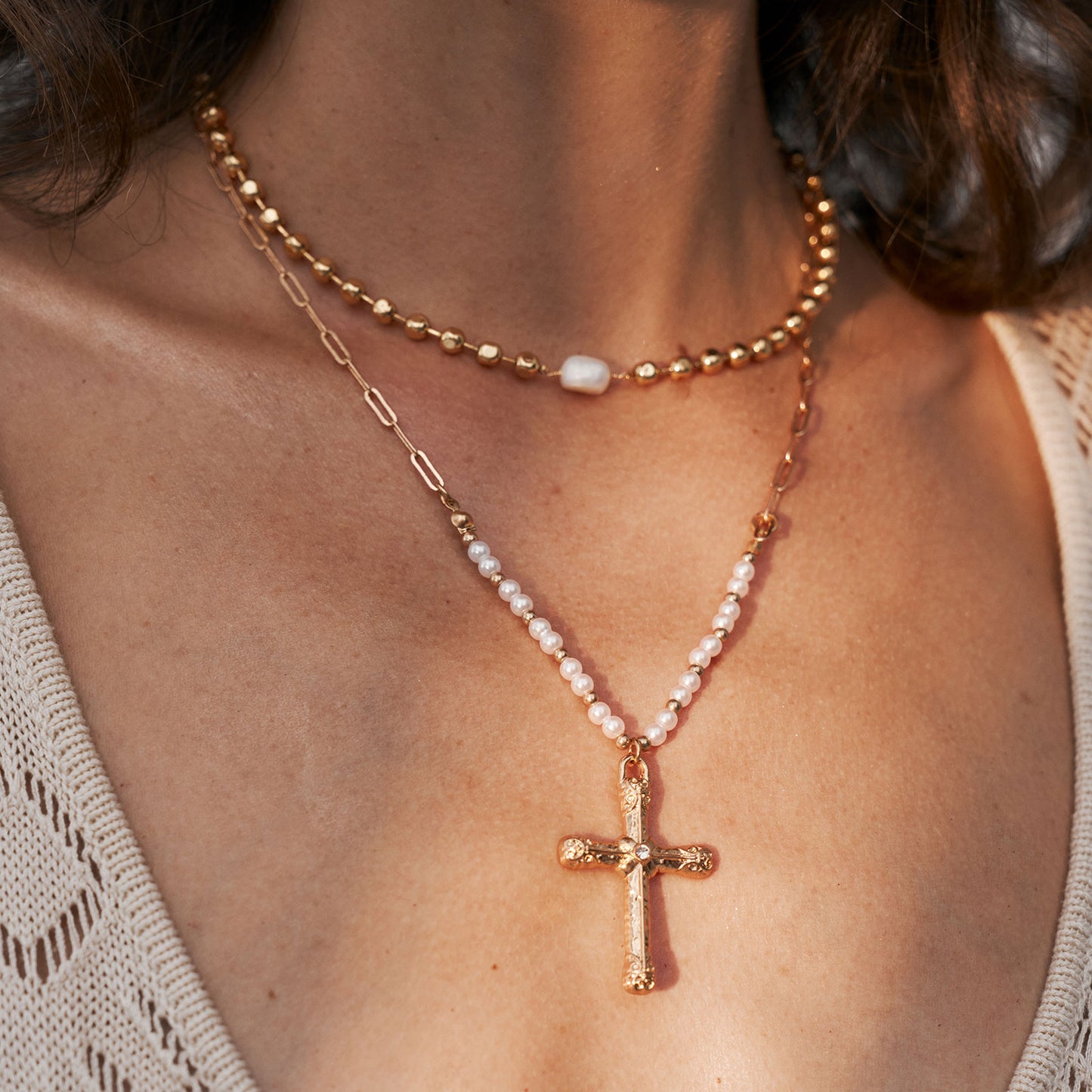 Teresa Cross Pearl Diamond Gold Necklace